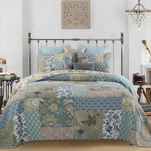 Taupe Gray Hibiscus Patchwork Quilt Set Pre-Washed Cotton Bedspread  Coverlet Set